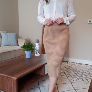 Tan stretchy mid-length skirt